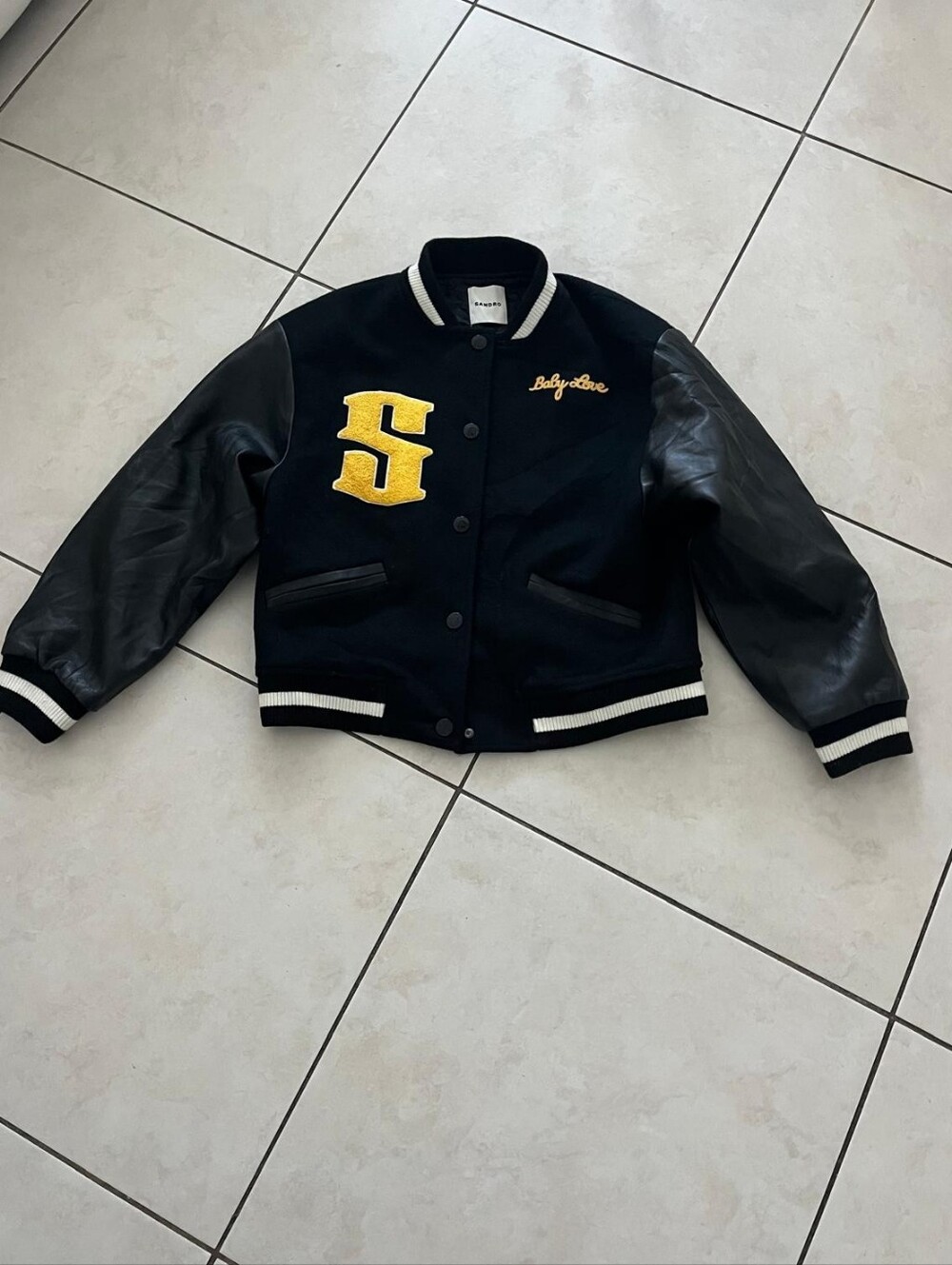 SANDRO Varsity Woman Jacket in Black & Yellow With Leather Sleeve,  Used ,
